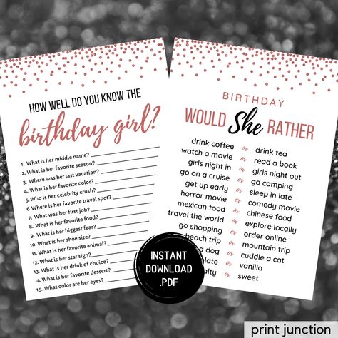 Who Knows The Birthday Girl Best, Birthday Quizzes, 30th Birthday Party Games, Printable Birthday Games, 30th Birthday Games, Birthday Quiz, Teen Sleepover, Would She Rather, Spa Girl