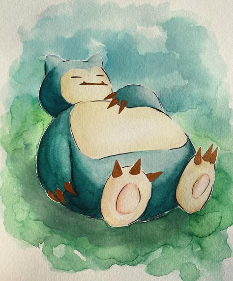 Pokemon Watercolor Paintings, Snorlax Watercolor, Watercolor Art Pokemon, Cute Pokemon Drawings Easy, Pokemon Painting Ideas, Snorlax Painting, Watercolour Pokemon, Watercolor Inspo Easy, Pokémon Painting