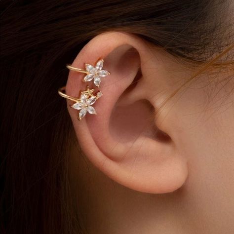 Flower Ear Cuffs, Rhinestone Ear Cuff, Gemstone Decor, Ear Cuff Jewelry, Flower Ear, Gold Ear Cuff, Cuff Jewelry, Ear Cuff Earings, Rhinestone Choker