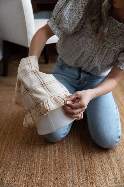 diy Peplum Lampshade — The Grit and Polish Diy Pleated Skirt, Lampshade Redo, The Grit And Polish, Grit And Polish, Pleated Lampshade, Farmhouse Fabric, Lampshade Designs, Diy Skirt, Kitchen Fabric