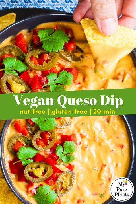 Our favorite Vegan Queso Dip is based on our creamy, delicious, nut-free and veggie-based cheese sauce. Way healthier than any store-bought processed stuff. You can make this dip within 20 minutes. Super quick right? No cashews here, so I dare to say that it is also quite budget-friendly. Dairy Free Nacho Cheese, Vegan Queso Dip, Vegan Nachos Cheese, Vegan Crockpot, Vegan Queso, Vegan Nachos, Queso Recipe, Vegan Dip, Queso Dip