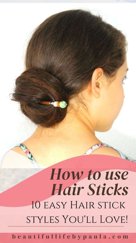 How To Use A Hair Stick Long Hair, Hairstyles Using Hair Sticks, Bun With Hair Stick, Hair Styles With Hair Sticks, How To Use Hair Sticks Long Hair, How To Use Hair Pins Tutorials, Hair Stick Bun Tutorial, How To Wear Hair Sticks, Hairstyles Using Hair Pins