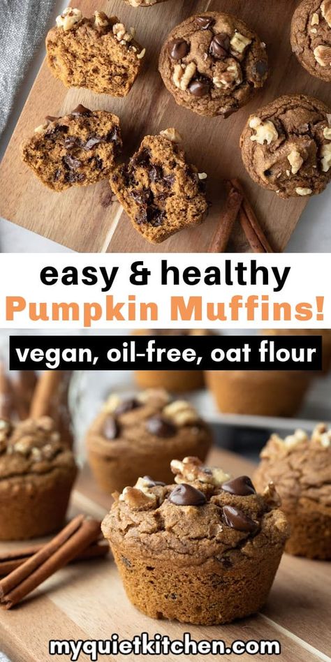 These healthy vegan pumpkin muffins are lightly sweetened, generously spiced, and made with oat flour. You'll love them for breakfast, snacks, and dessert! Gluten-free and made without oil, soy, or coconut. Nut-free option! Gluten Free Vegan Pumpkin Muffins, Keto Pumpkin Chocolate Chip Muffins, Gluten And Dairy Free Muffins, Vegan Pumpkin Chocolate Chip Muffins, Gluten Free Pumpkin Chocolate Chip, Pumpkin Chocolate Chip Muffin Recipe, Gluten Free Dairy Free Muffins, Beaming Baker, Gf Muffins