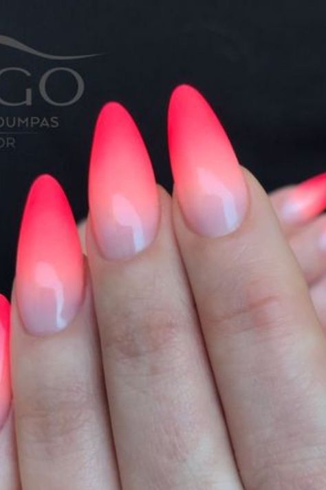 Looking to add some colorful flair to your nails? Check out our collection of neon ombre nail designs! These vibrant nails range from hot pinks to cool blues, and are perfect for anyone looking to make a statement. Whether you're headed to a party or just want to brighten up your day, our neon nail ideas are sure to impress Neon Pink Ombre Nails Short, Orange Ombre Nails Almond, Dark To Light Ombre Nails, Bright Ombré Nails, Ombré Neon Nails, Ombre Summer Nails Neon, Neon Orange Ombre Nails, Pink And Green Ombre Nails, Neon Pink Ombre Nails