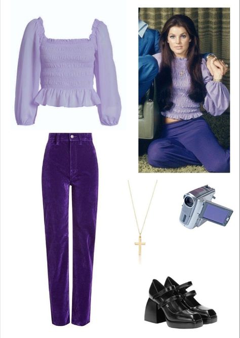 Elvis Themed Outfit Women, Priscilla Presley Purple Outfit, Presilla Presley Costume, Priscilla Presley 60s Fashion, Priscilla Presley Aesthetic Outfit, Elvis Presley Inspired Outfits Women, Priscilla Presley Outfits Halloween, Priscilla And Elvis Halloween Costume, Percilla Presley Halloween Costume