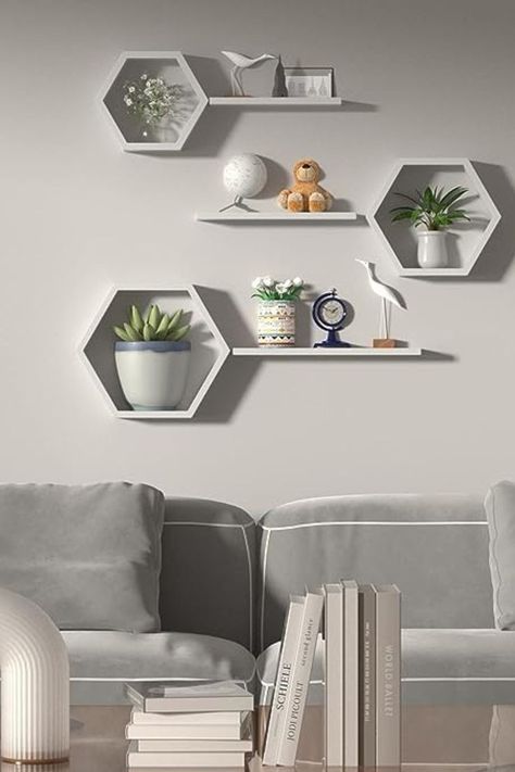 Honeycomb Shelf Diy, Hexagon Home Decor, White Honeycomb Shelves, Bathroom Wall Mounted Shelves, Hexagonal Wall Shelves, Wall Mounted Shelves Bedroom, Shelving Ideas For Living Room Wall, Modern Wall Shelf Bedrooms, Hexagon Shelves Living Room