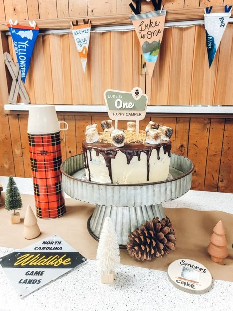 Smash Cake One Happy Camper, One Happy Camper Snacks, National Park Bday Party, National Park 1st Birthday Party, National Park Cupcakes, National Park Themed Birthday Party, National Parks First Birthday, National Park 1st Birthday, National Park First Birthday