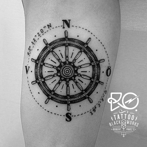 Steering Wheel Tattoo, Helm Tattoo, Wheel Tattoo, Anchor Tattoo Design, Engraving Tattoo, Tattoo Line, Tattoo Dotwork, Tattoo Traditional, Anchor Tattoo