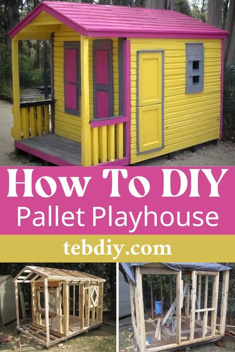 How To DIY Beautiful Pallet Playhouse Palette Playhouse, Playhouse Out Of Pallets, Diy Kid Playhouse Outdoor, Playhouse Designs Diy, Shed Into Playhouse, Diy Pallet Playhouse, Play House Plans, Diy Wood Playhouse, Diy Playhouse Outdoor Cheap