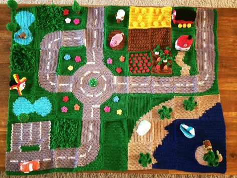 Crochet Farm Play Blanket, Crochet Road Play Mat Free Pattern, Crochet Activity Mat, Crochet Playmat Free Pattern, Crochet Road Play Mat, Crochet Play Mat Free Pattern, Crochet Playmat, Crochet Play Mat, Playmats For Babies