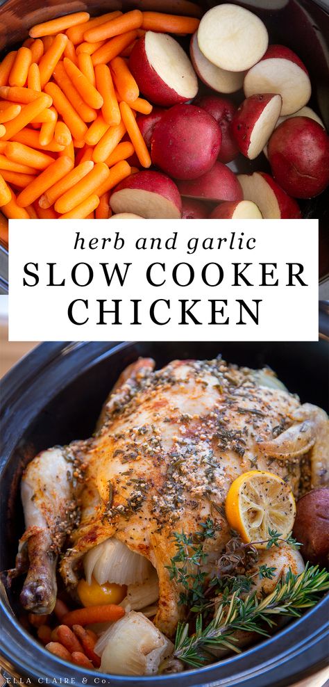 slow cooker whole chicken cooked with potatoes and carrots, topped with herbs and garlic Slow Cooker Whole Chicken And Potatoes, Whole Chicken In The Crockpot Soup, Chicken Roast In Crockpot, Roast Chicken Recipes Crockpot Slow Cooker, Whole Roasted Chicken Recipes Crock Pots, Whole Chicken In The Crockpot With Potatoes, Whole Chicken In The Crockpot With Vegetables, Crockpot Hen Recipe, Whole Chicken Potatoes And Carrots