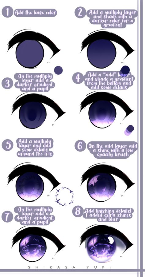 Vivalynnn / Shikasa Yuki Purple Anime Eye shading tutorial sheet on IbisPaint X Anime Eye Tutorial Digital, Anime Eyes Shading, How To Shade Eyes Ibispaint, Anime Shading Tutorial, Anime Eye Shading, Eye Color Ideas, Purple Eyes Drawing, Black Eyes Drawing, How To Color Eyes