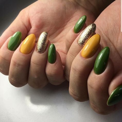 Orange Yellow And Green Nails, Olive Green And Yellow Nails, Green And Yellow Fall Nails, Dark Green And Yellow Nails, Green Yellow Nail Art, Green And Yellow Nail Art, Yellow Green Nails Design, Green And Yellow Nails Design, Nails Green And Yellow