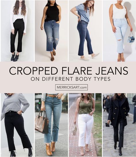 cropped flare jeans on other body types Crop Flare Jeans Outfit Spring, Cropped Bootcut Jeans Outfit Winter, Crop Kick Flare Jeans Outfit, Cropped Flare Jeans Outfit Ankle Boots, Black Kick Flare Jeans Outfit, Cropped Flair Jeans Outfit Winter, Crop Flair Jeans Outfit, Crop Jeans Outfit Winter, Wide Leg Cropped Black Jeans Outfit