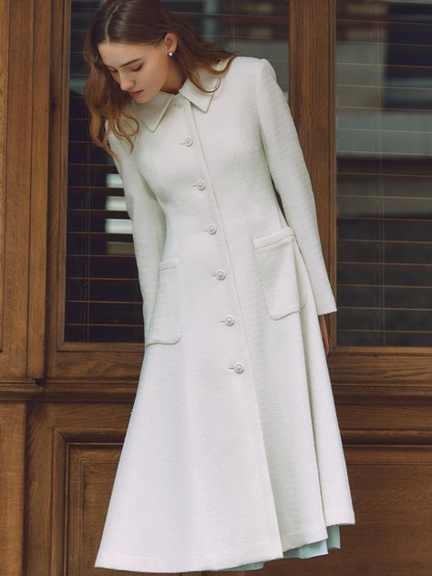 Olivia Stand Collar A-Line Tweed Coat White Coat Outfit Classy, Tweed Dress Outfit Classy, Tweed Dress Outfit, Tweed Overcoat, Tweed Material, Elegant White Dress, Winter Inspiration, Tweed Coat, Tweed Dress