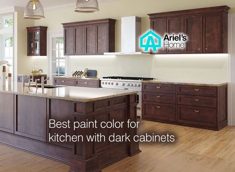 Kitchen Paint Colors With Darker Cabinets, Dark Cabinets Kitchen Paint, Neutral Kitchen Dark Cabinets, Kitchen Paint With Dark Wood Cabinets, What Color Flooring With Dark Cabinets, Bright Kitchens With Dark Cabinets, Wall Colors For Dark Cabinets, Paint Colors For Dark Cabinets Kitchens, Kitchen Wall Colors With Brown Cabinets Paint Colours