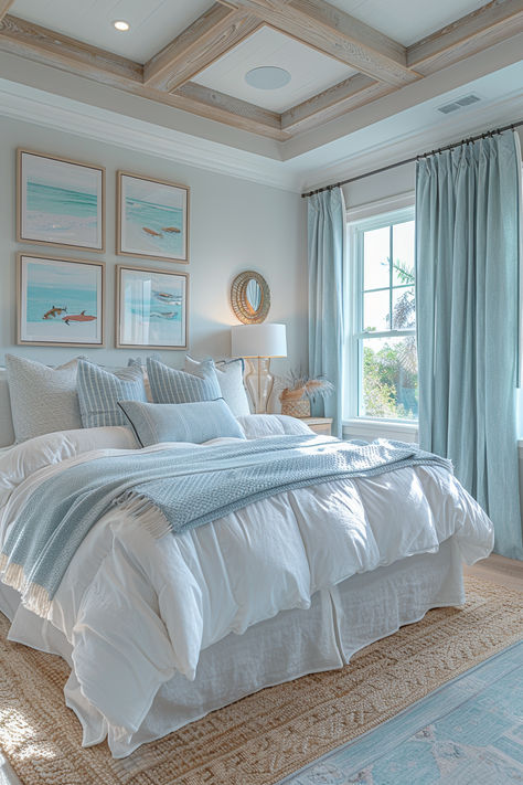 preppy costal bedroom, beachy bedroom, ocean inspired bedroom, summer bedroom Coastal Bedroom Idea, Beach Room Design, Cute Coastal Bedroom, Coastal House Bedroom, The Bed, Blanco By Nature, Bedroom Costal Granddaughter, Bedroom Ideas Coastal Granddaughter, Coastal Room Bedroom