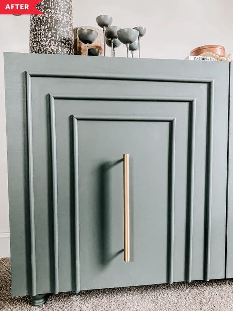 After: Green credenza with textured doors and gold hardware Green Credenza, Diy Credenza Makeover, Textured Furniture Diy, Diy Credenza, Ikea Cubes, Armoire Ikea, Ikea Kallax Shelf, Shelf Makeover, Billy Ikea