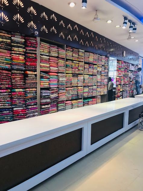 Readymade Counter Design, Ladies Cloth Shop Interior Design, Cloth Counter Design, Clothes Shop Counter Design Ideas, Readymade Shop Counter Design, Saree Counter Design, Cloth Shop Interior Design Retail, Garment Shop Counter Design, Saree Showroom Interior Design