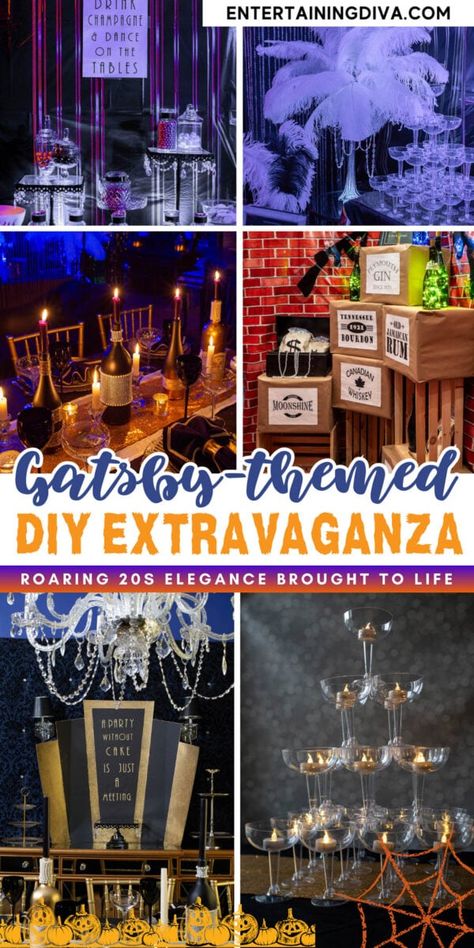 DIY Great Gatsby Decorations | Holidays and events Great Gatsby Decorations, Gatsby Decorations, Ostrich Feather Centerpieces, Gatsby Party Decorations, Speakeasy Party, Wine Bottle Centerpieces, Pearl Candle, Dessert Table Backdrop, Easy Party Decorations