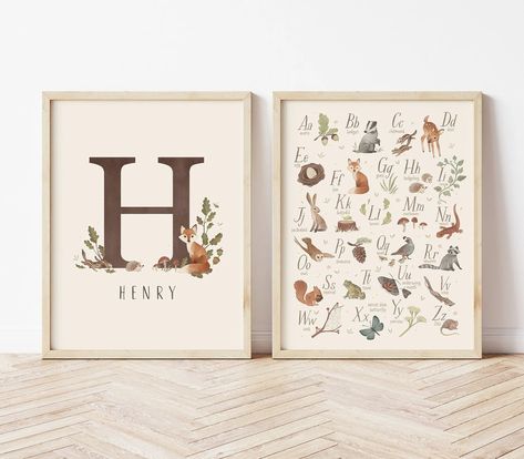 Woodland Nursery Print Woodland Nursery Woodland Initial - Etsy Vintage Woodland Nursery, Woodland Creatures Nursery, Woodland Alphabet, Framed Initials, Peter Rabbit Nursery, Nursery Woodland, Woodland Nursery Art, Classic Nursery, Abc Print