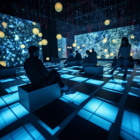 digital room, blue hues, immersive experience design Immersive Room Projection, Immersive Restaurant, Immersive Museum, Immersive Room, Projection Room, Immersive Theatre, Immersive Exhibition, Game Room Lighting, Experiential Art