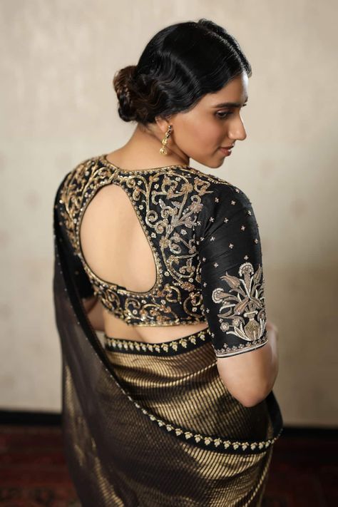 Buy Black Chanderi Silk Tissue Stripe Pattern Saree For Women by Shimai Jayachandra Online at Aza Fashions. Blouses For Women Saree, Black Blouse Designs, Saree Blouses Online, Bussines Women Lifestyle, Latest Model Blouse Designs, Saree For Women, Black Saree, Blouse Models, Blouse Designs Latest