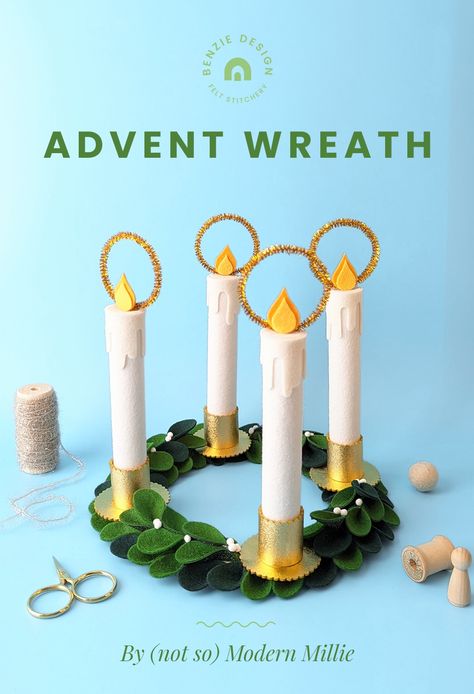 Use this beautiful felt and metallic wreath during Advent or as a simple decoration to bring cheer to your holiday home. Free tutorial and supply list at the link. Created by Camille Ipsen for Benzie Design. #advent #adventwreath #holidaywreath #countdowntochristmas #holidaycraft #feltflorals #woolfelt #benziefelt #benziedesign Advent Wreath Diy, Advent Wreath Candles, Boho Macrame Wall Hanging, Birthday Countdown, Simple Decoration, Hanukkah Decorations, Advent Candles, Advent Wreath, Needle Felting Kits