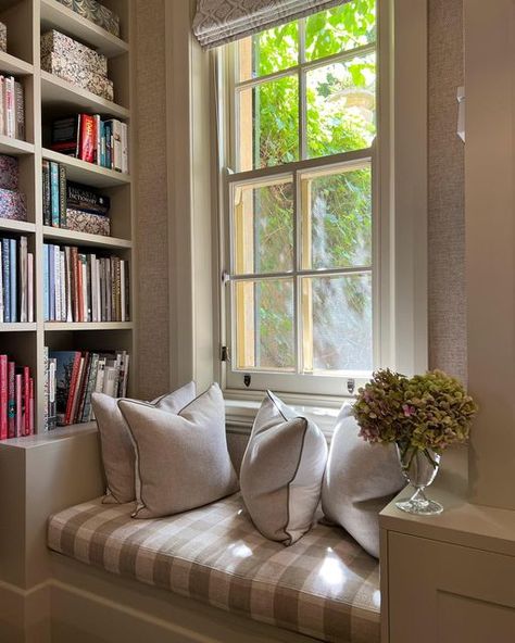 Bay Window Cushion, Bay Window Seat, English Cottage Decor, Book Cases, Window Seats, Deep Seat Cushions, Library Decor, Office Seating, Window Room