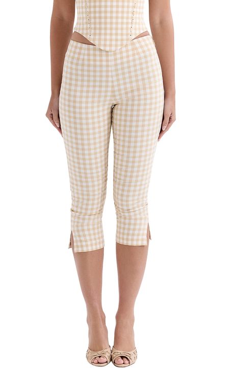 A fun gingham pattern brings a pop of color to these stretchy capri pants with slits at the hems. Exclusive retailer 21" inseam; 12 1/2" leg opening; 10 1/2" front rise; 12 1/2" back rise (size Small) Pull-on style 77% viscose, 21% polyester, 2% elastane Dry clean Imported 60s Capri Pants, Gamine Essence, Capris Outfit, Capri Pants Outfits, Pants Nordstrom, Capri Outfits, Outfit Aesthetics, Capri Set, Twelfth Night