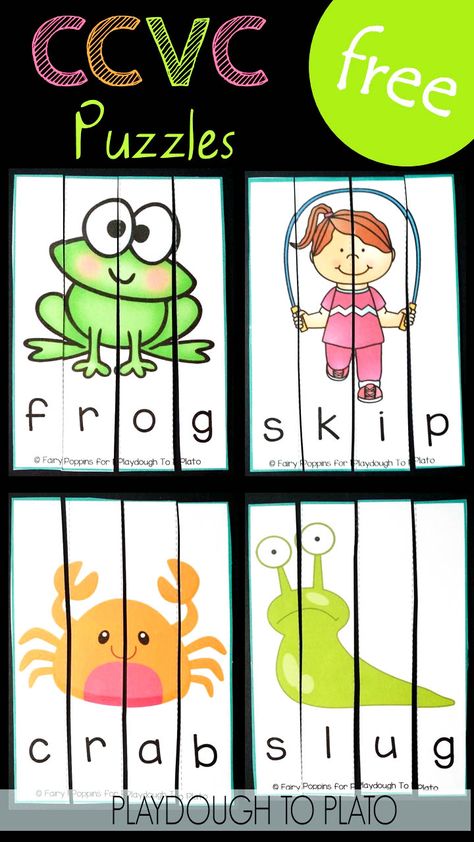 Fun blends activity and digraph game! Solve 24 free CCVC puzzles. Phonics Activities Kindergarten, Cvce Activities, Digraph Games, Ccvc Words, Playdough To Plato, Blends Activities, Activities Kindergarten, Learning Tips, Jolly Phonics