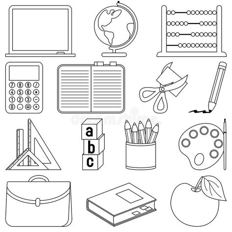 Coloring School Icons. School and education icons set, black and white version. , #Aff, #icons, #set, #black, #education, #Coloring #ad Black And White Printables, Classroom Objects, Free School Supplies, Back To School Worksheets, Art School Supplies, College School Supplies, School Coloring Pages, School Icon, About School