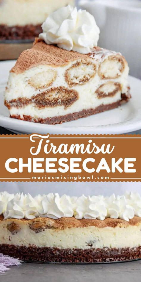 You can't go wrong with this tiramisu cheesecake! This simple baking idea has a chocolate graham cracker crust. Made with an espresso and lady finger filling plus a cocoa powder topping, this baked cheesecake is a delicious dessert recipe for your sweet food craving! Graham Cracker Cheesecake, Tiramisu Cheesecake Recipe, Mascarpone Tiramisu, Baking Recipes Pie, Tiramisu Cheesecake, Winter Dessert, Lemon Cheesecake Bars, Family Desserts, Homemade Cheesecake