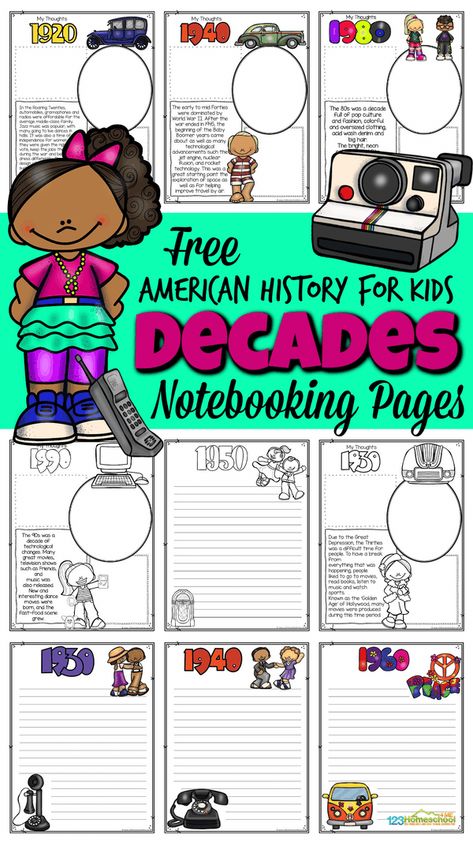 These u.s. history worksheets are a handy tool for children learning about American history for kids by decade. Decade Notebooking Pages are perfect for helping your children in preschool, pre-k, kindergarten, and elementary age students in first grade, 2nd grade, 3rd grade, 4th grade, 5th grade, and 6th graders learn all about the history of the US through studying the different decades and the popular events, clothing, inventions and more that took place throughout this time. Simply print ... 3rd Grade History Projects, Social Studies Activities Elementary 2nd Grade, 3rd Grade Thematic Units, Ancient Egypt For Kids, History Lessons For Kids, Elementary History, History Printables, Notebooking Pages, Geography For Kids