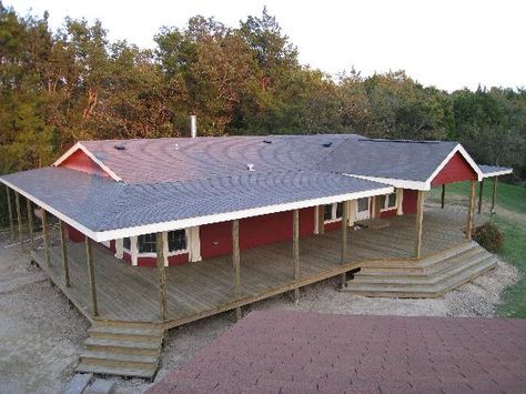 wrap around porch for our single-wide mobile home! nice deck! Deck Ideas For Modular Home, Add On To Mobile Home Ideas, Double Wide Add On, Nice Mobile Homes, Doublewide Porch Ideas, Manufactured Home Porch Ideas, Double Wide Front Porch Ideas, Roof Porch, Manufactured Home Porch