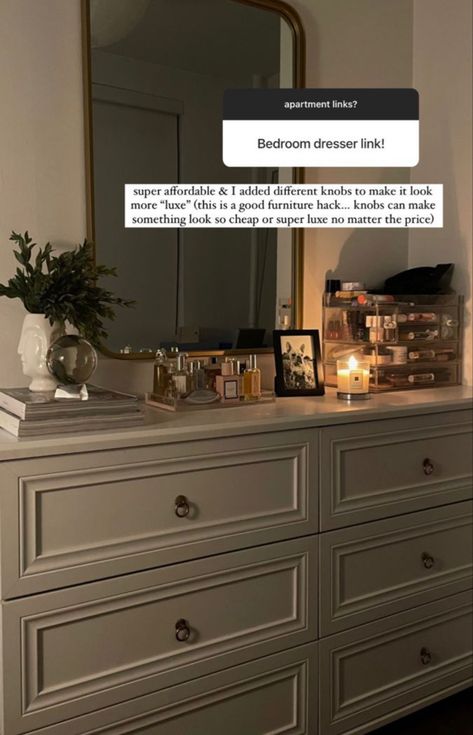 Eclectic Vanity Room, Vanity Styling Bedroom, Dresser Aesthetic Decor, Dresser And Mirror Ideas, Elegant Room Ideas, Dresser Decor Aesthetic, Mirror Dresser Decor, Dresser Vanity Bedroom, Dresser Aesthetic