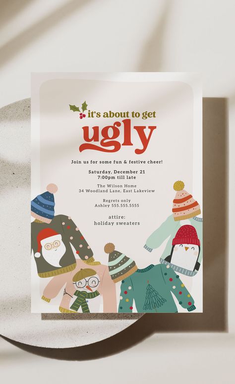 This printable ugly sweater themed holiday party invitation template can be edited and download all within your browser. Try the free demo at Etsy now! Digital Christmas Cards Design, Xmas Party Themes Ideas, Company Holiday Party Invitations, Christmas Party Themes For Company, Christmas Party Invitations Ideas, Christmas Invitations Ideas, Xmas Card Design, Ugly Christmas Sweater Party Ideas, Christmas Creatives