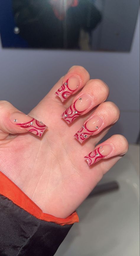 Swirl Nails French Tip, Swirl French Tip Nails, Red Swirl Nails, Acrylic Nails With Gems, Swirl Acrylic Nails, Swirl French Tip, Nails With Gems, Red Y2k, Prom Inspo