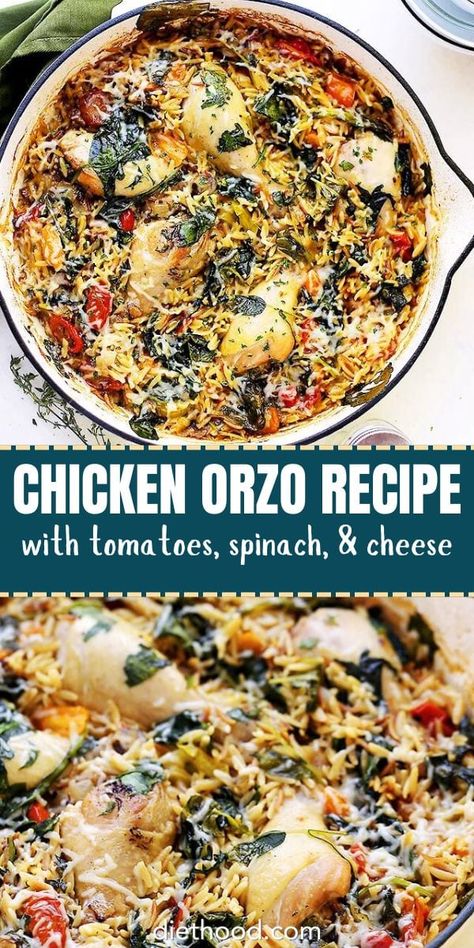 This chicken and orzo recipe is loaded with flavors and texture thanks to the buttery orzo, sweet tomatoes, tender spinach, and juicy chicken drumsticks. It's a delicious and easy one-pot meal that everyone will love! One Pot Chicken And Orzo, Orzo With Spinach, Chicken And Orzo, One Pan Recipe, Root Vegetables Recipes, Chicken Tomatoes, Healthy One Pot Meals, Pan Recipe, Orzo Recipes