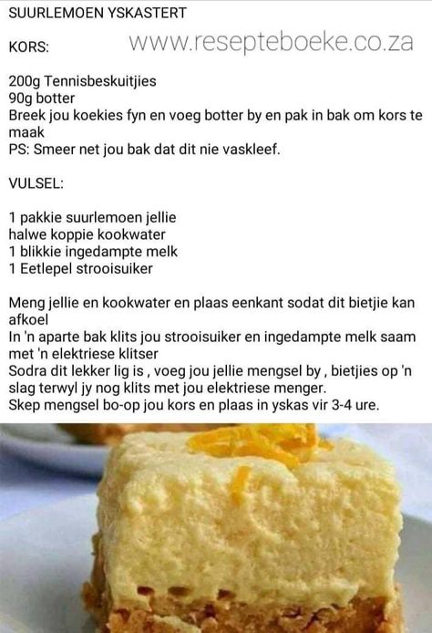 Suurlemoen Poeding, Koue Poedings, Homemade Sugar Cookies Recipe, Nagsê Boodskappies, Orange Bread Recipe, Easy Tart Recipes, Sweetened Condensed Milk Recipes, Oreo Dessert Recipes, Cake Recipes Easy Homemade