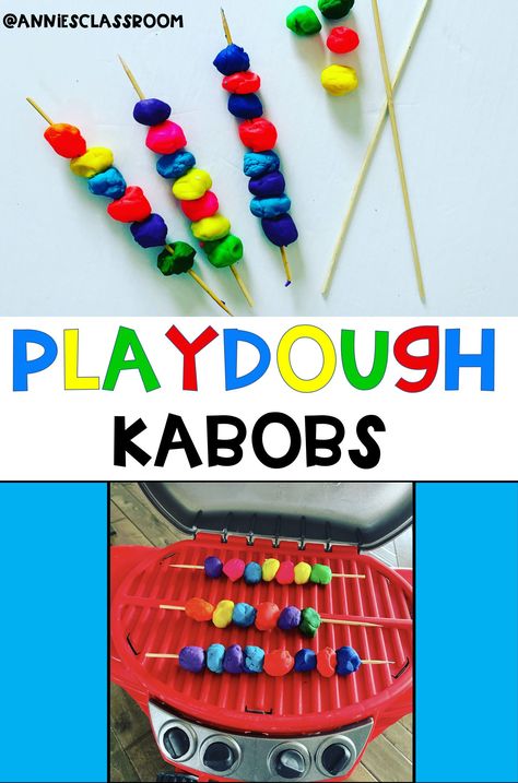 Create playdough Kabobs for a great fine motor activity! #playdoughactivities #preschoolactivities #sensoryplayideas Summer Stem, Fine Motor Activity, Shish Kabobs, Playdough Activities, Preschool Lesson Plans, Preschool Lessons, Preschool Activity, Fine Motor Activities, Motor Activities