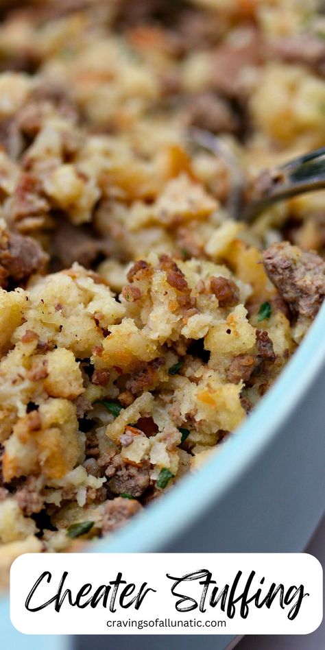 Stuffing in a blue dish with a silver spoon in it. Boxed Stuffing Recipes, Boxed Stuffing Recipes Ideas, Boxed Stuffing, Thanksgiving Posts, Stuffing For Thanksgiving, Box Stuffing, Easy Dinner Recipe Ideas, Homemade Stuffing, Autumn Side Dishes