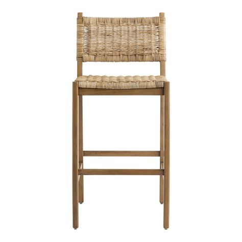 Amolea Wood and Rattan Barstool - World Market Wicker Barstools In Kitchen, Bar Stools Kitchen Island Modern, Counter Stool Ideas, Farmhouse Barstools, Honeysuckle House, Coastal Bar Stools, Island Bar Stools, Woven Bar Stools, Rattan Counter Stools