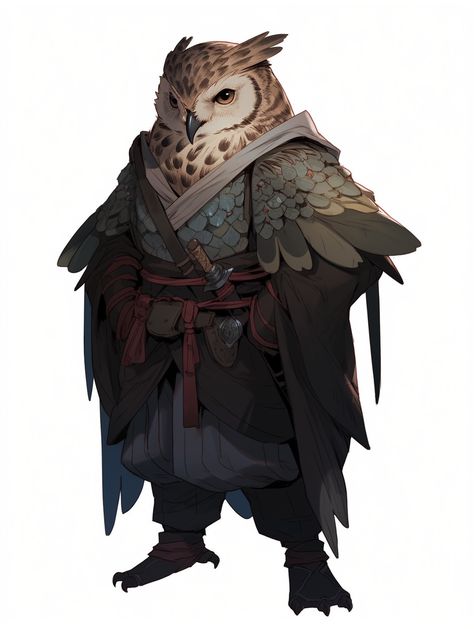 Owl Arakokra Dnd, Owl Person Dnd, Dnd Owlin Character Art, Owl Assassin, Owl Dnd Character, Owlin Character Art, Dnd Birdfolk, Owl Folk Dnd, Owlin Wizard