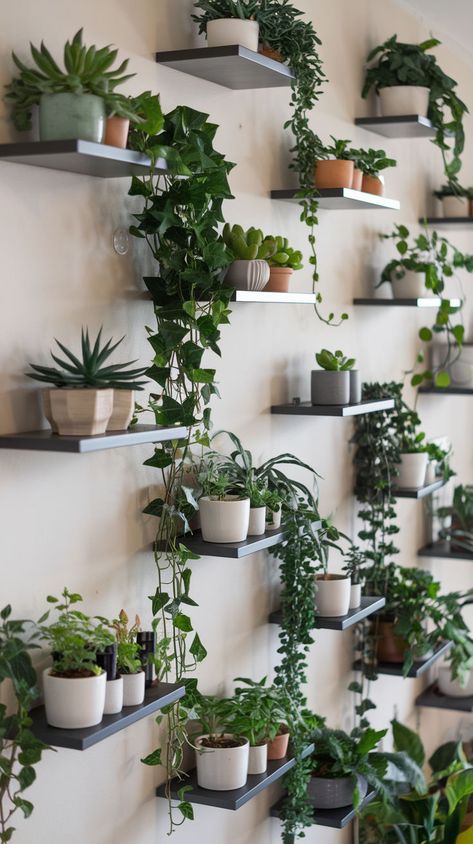 Save floor space with stylish floating plant shelves! Display small plants like succulents and trailing ivy for a chic look. See how to create yours! Floating Plant Shelves, Indoor Gardening Ideas, Ideas For Small Apartments, Plant Store, Shelves Display, Shelves Ideas, Floating Plants, Mini Greenhouse, Indoor Gardening