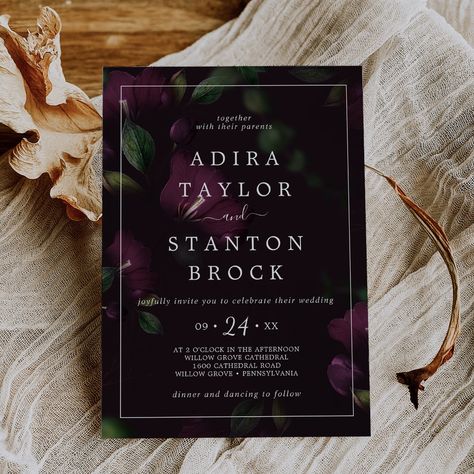 Moody Purple Blooms | Black Pattern Wedding Invitation Moody Wedding Invitations, Moody Purple, Wedding Announcement Cards, Summer Wedding Invitations, Pattern Wedding, Foil Wedding Invitations, Moody Wedding, Wedding Invitations Boho, Invitation Floral