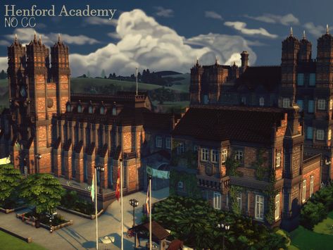 VirtualFairytales' Henford Academy Sims 4 Lots Residential, Dark Academia Building, Sims 4 Lots, Academia House, Castle School, Dark Academia School, The Sims 4 Lots, Sims 4 House Building, Tumblr Sims 4