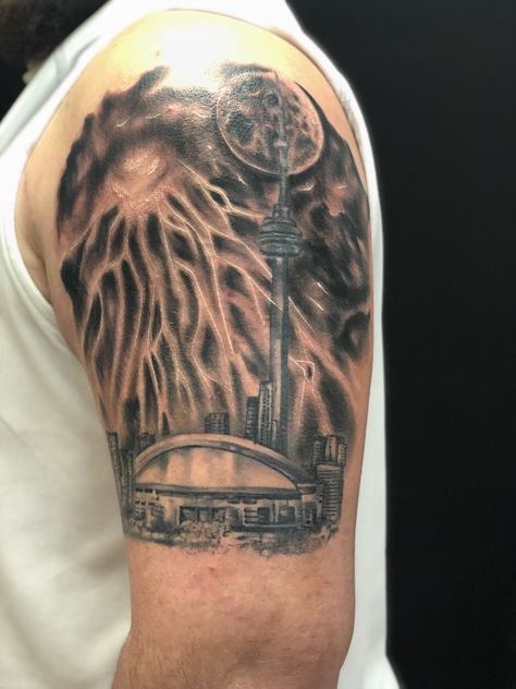 Toronto Skyline Tattoo In Progress! Toronto Skyline Tattoo, Toronto Tattoo, Skyline Tattoo, Toronto Skyline, Men Tattoo, Toronto Raptors, Arm Sleeve, I Tattoo, Skull Tattoo