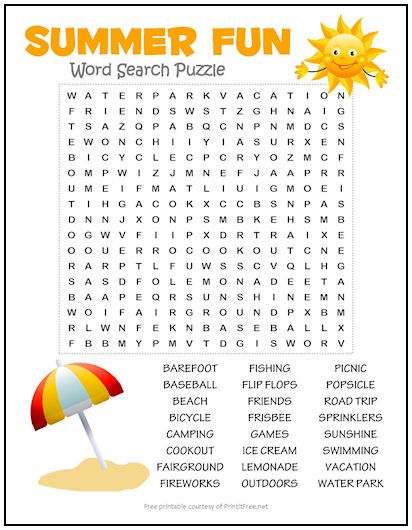 Help your kids gear up for summer vacation with our FREE printable Summer Fun Word Search Puzzle. Packed full with 24 summer-themed words, this fun puzzle will provide all sorts of ideas to help them plan for that last day of school! Vacation Word Search, Summer Puzzles Free Printable, Summer Crossword Puzzle Free Printable, Summer Word Search Free Printable, Wordsearches For Kids Free Printable, Summer Crossword Puzzle, Summer Crossword, Last Day Of School Activities, Word Search Puzzles For Kids