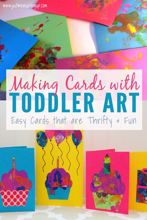 These adorable cards are made from toddler paintings! Birthday Card From Grandkids Diy, Grandma Cards From Kids, Birthday Card Ideas From Kids, Homemade Grandma Birthday Card, Nana Birthday Card Diy For Kids, Diy Birthday Card From Toddler, Birthday Card For Grandma From Toddler, Handmade Birthday Card For Grandma, Kids Craft Birthday Cards